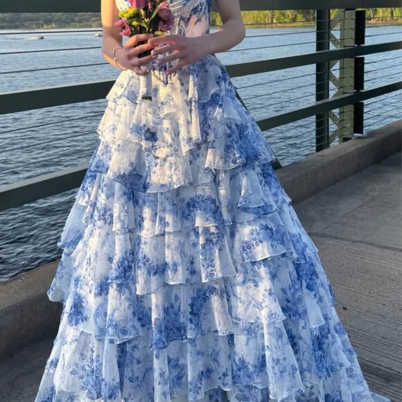 Gorgeous Sherri Hill Blue and White Floral Prom Dress - Picture 4 of 7